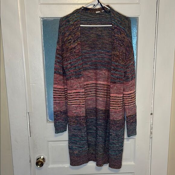 Gap Women’s Dusty Pink Multicolor Striped Sweater Cardigan Duster Size Medium - Picture 1 of 7